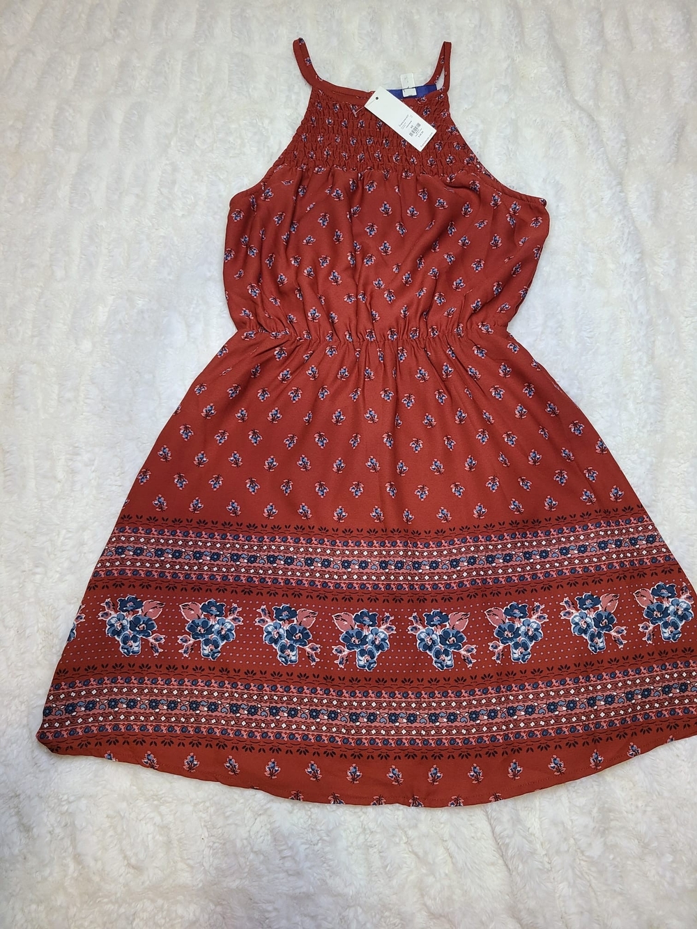 Francescas Blue Rain Dreess Rust Red Halter Sundress with Border Print XS - Picture 2 of 9